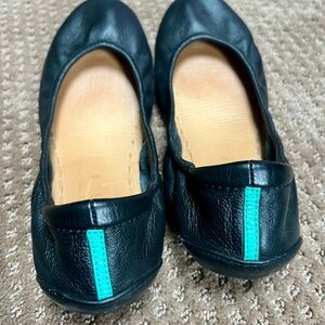 Black Leather Ballet Flats with Teal Accent